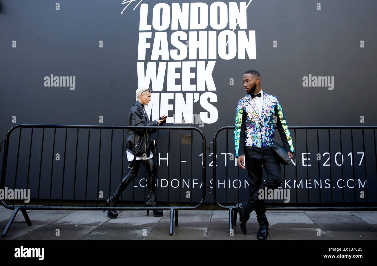 Magazine Gents editor in chief, Paris Warren, from New York, poses for pictures outside the BFC Show Space during London Men's Fashion Week Spring/Summer 2018. Stock Photo