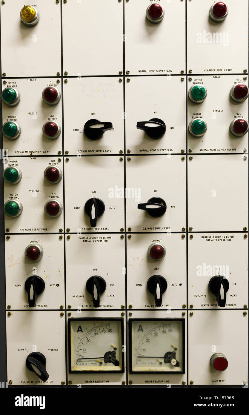 Switches on a control panel at RAF Neatishead underground bunker. Stock Photo