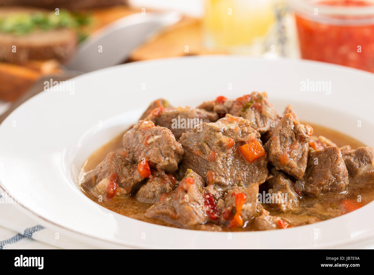 Beef goulash, stew of meat, and vegetables, seasoned with paprika and