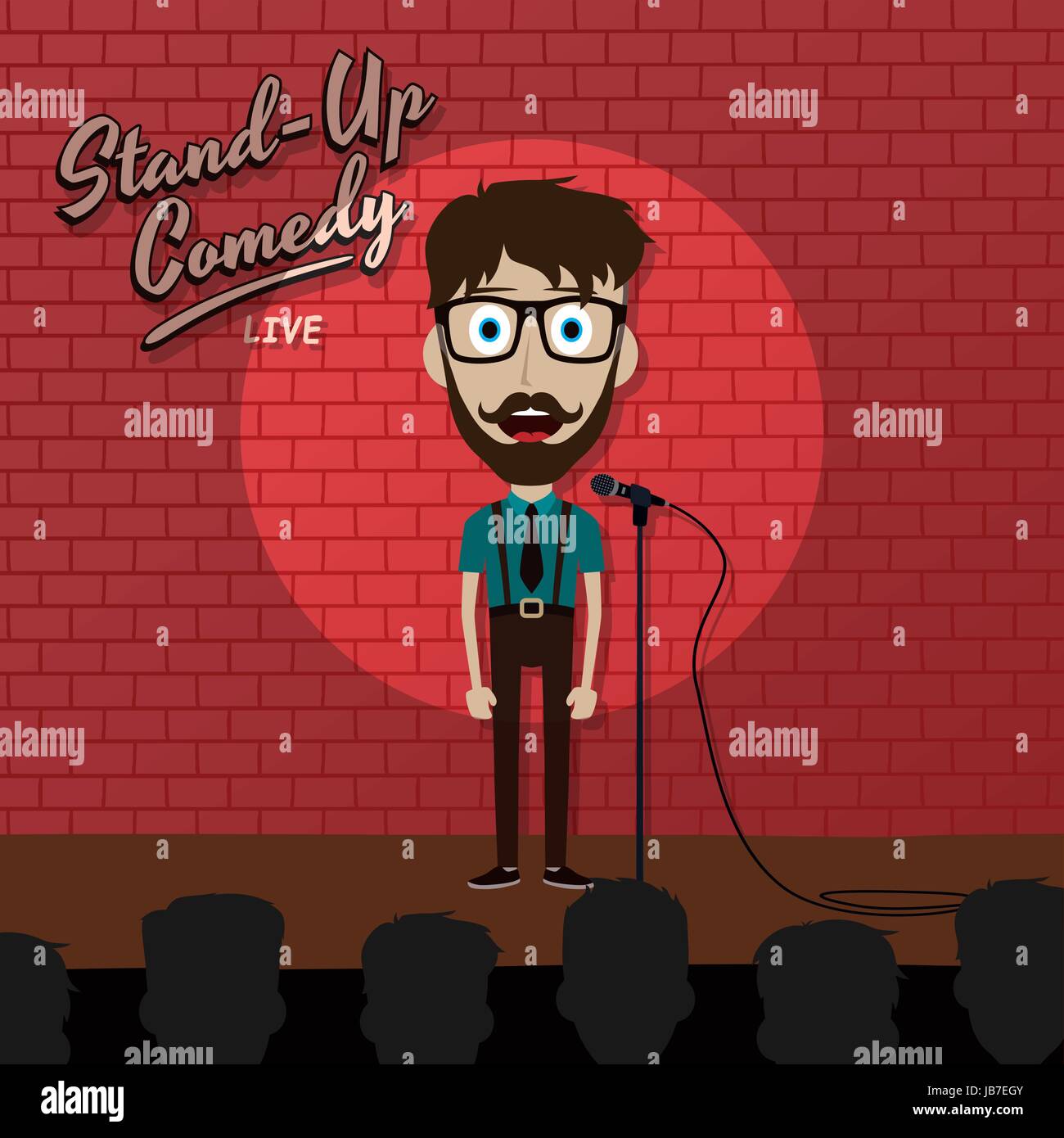 adult male stand up comedian cartoon character on red brick stage with