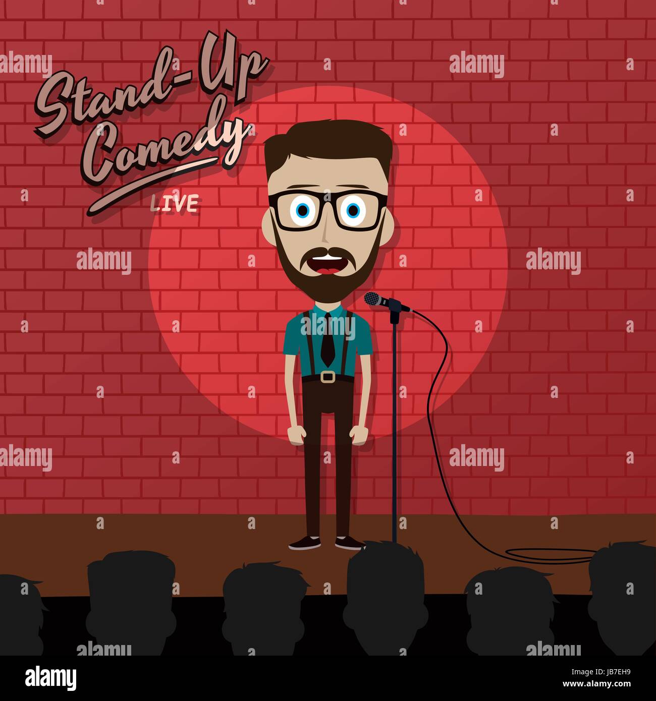 adult male stand up comedian cartoon character on red brick stage with