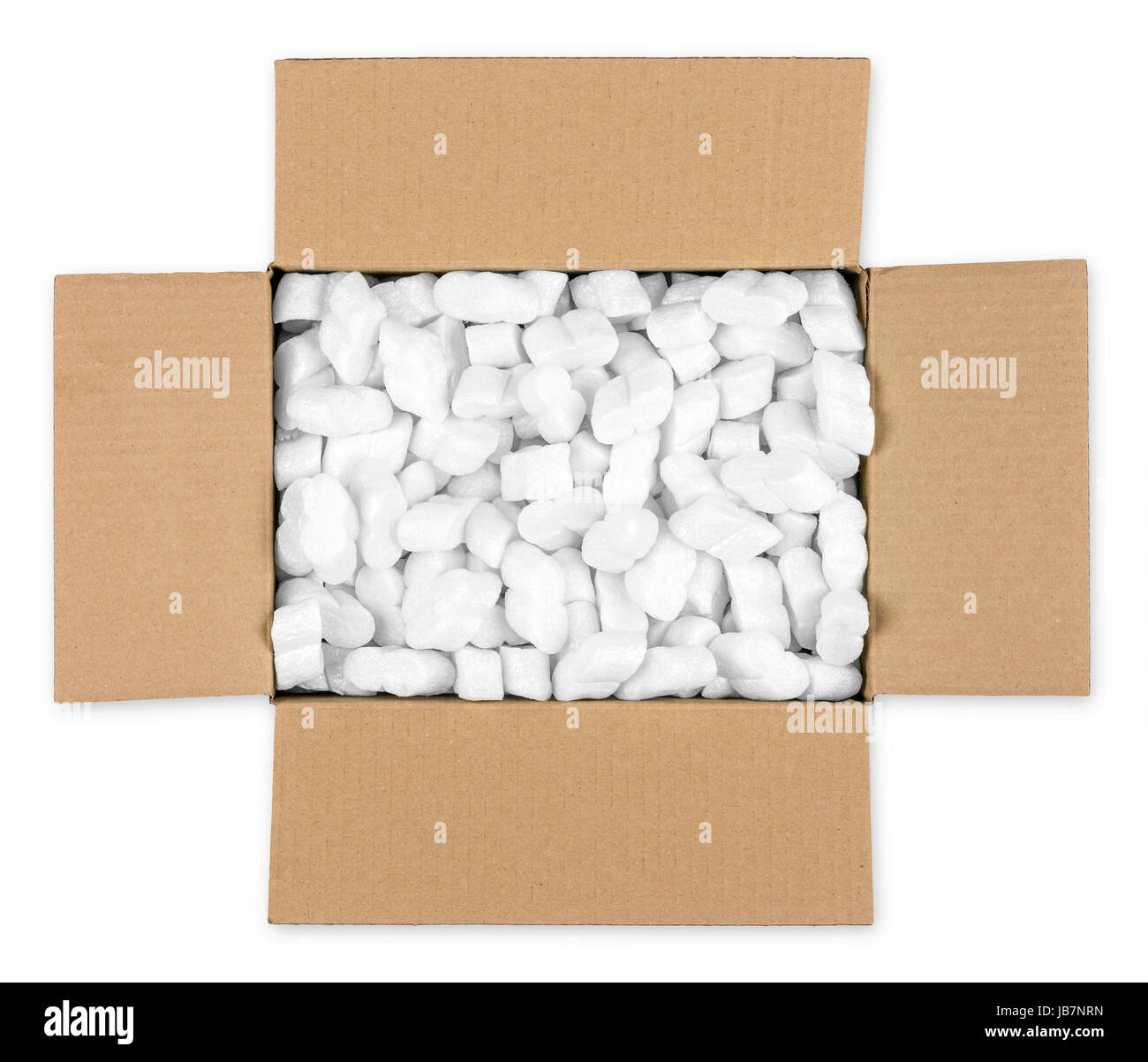 Offenes Paket mit styroporflocken Stock Photo