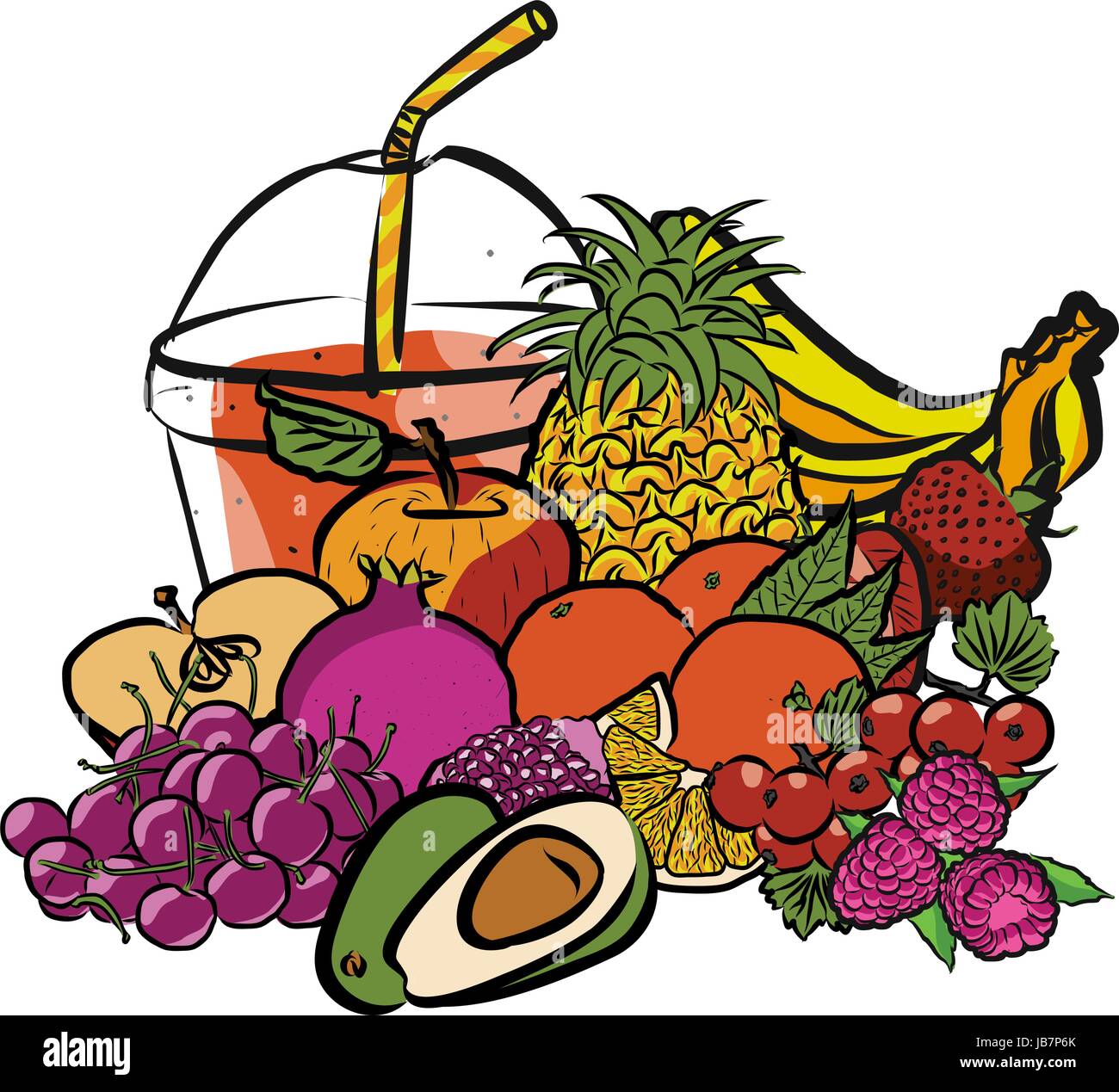 Fresh Summer Fruits and Smoothie to Go, Colored Artwork separated on White, Fresh Food Collection, Handdrawn Clean Summer Sketch Stock Vector