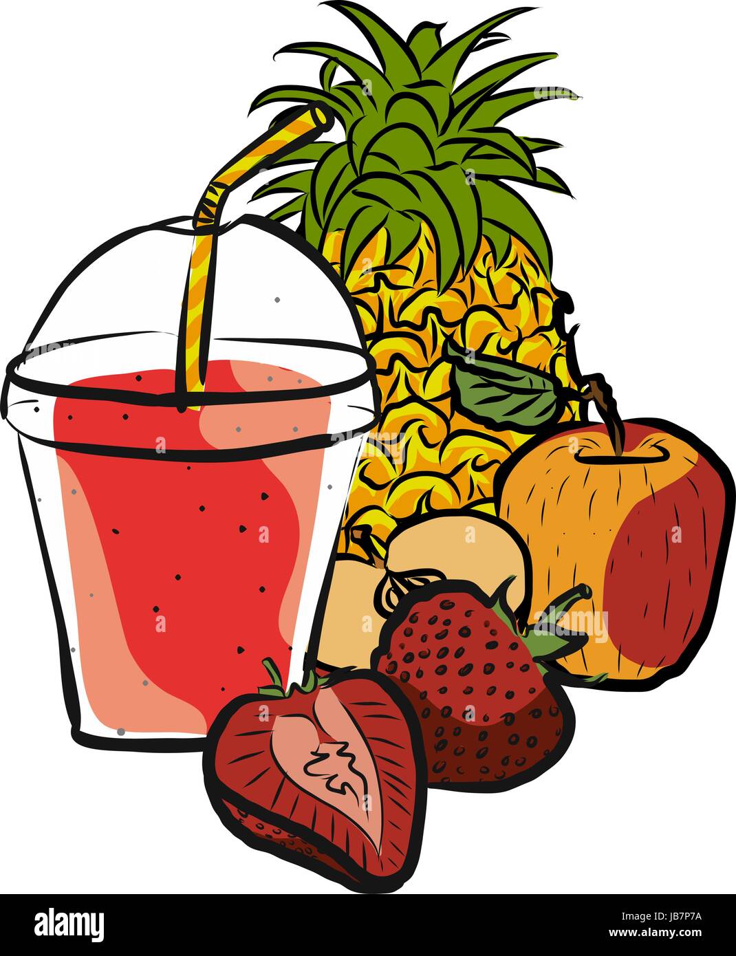 Strawberry Smoothie Colored Artwork separated on White, Fresh Food Collection, Handdrawn Clean Summer Sketch Stock Vector