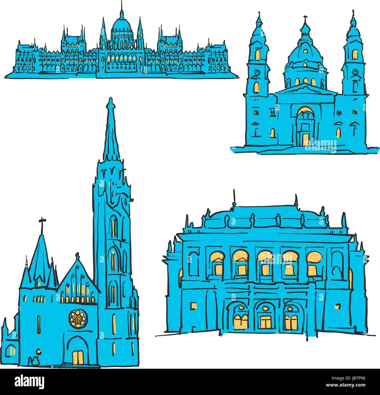 Budapest Hungary Colored Landmarks, Scalable Vector Monuments. Filled with Blue Shape and Yellow Highlights. Stock Vector