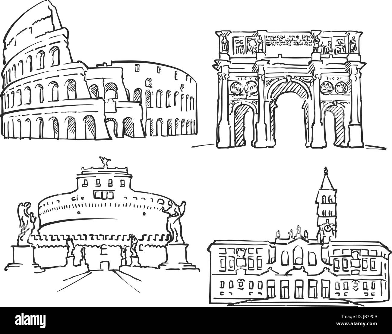 Rome Italy Famous Buildings, Monochrome Outlined Travel Landmarks, Scalable Vector Illustration Stock Vector
