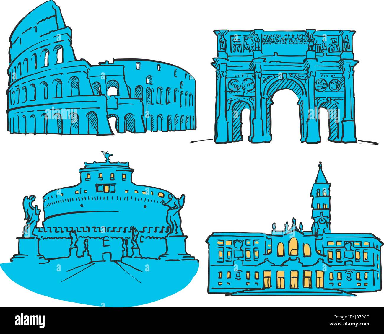 Rome Italy Colored Landmarks, Scalable Vector Monuments. Filled with Blue Shape and Yellow Highlights. Stock Vector