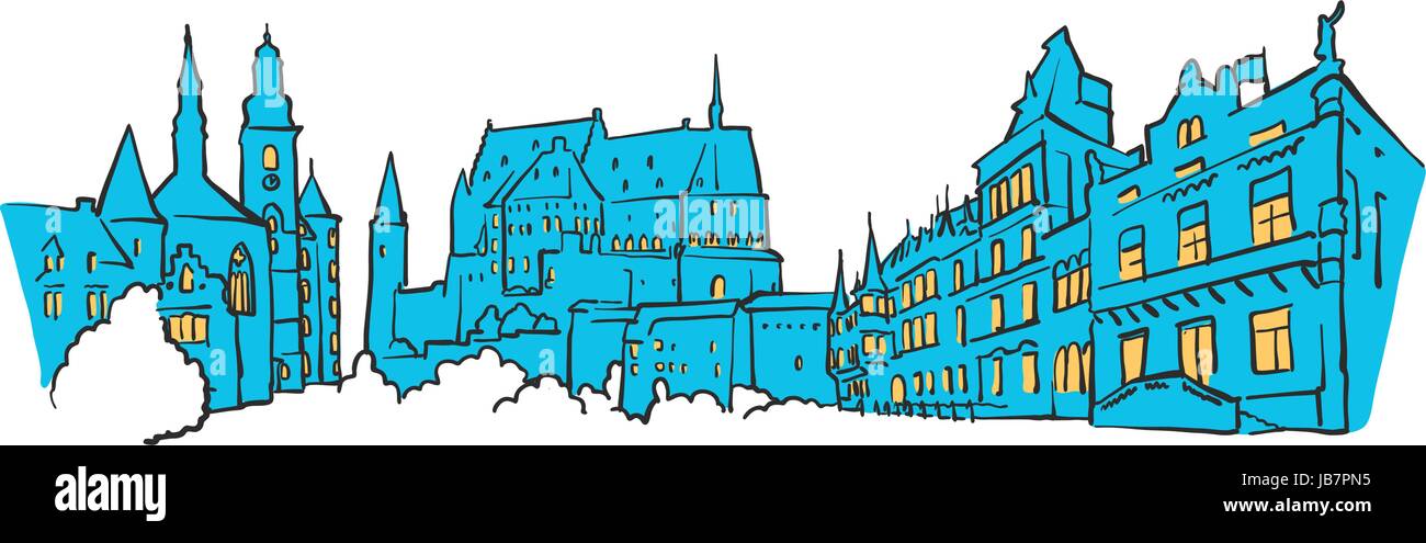 Luxembourg Colored Panorama, Filled with Blue Shape and Yellow Highlights. Scalable Urban Cityscape Vector Illustration Stock Vector