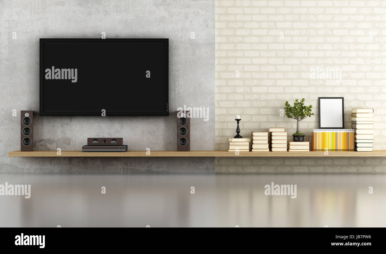 Living Room Without Furniture With Shelf Tv And Concrete