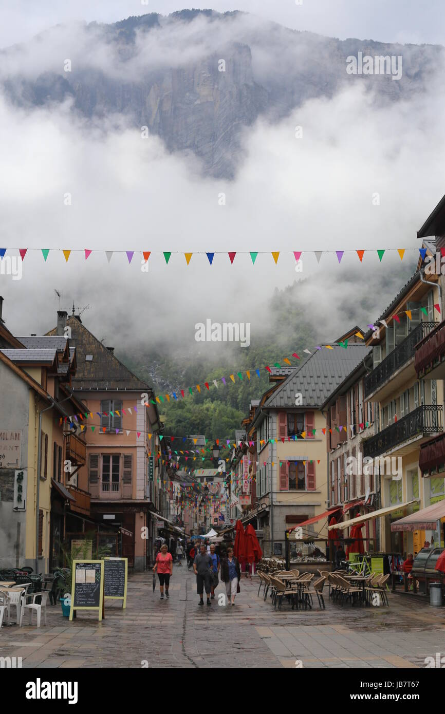 Street view of shops, bars, restaurants in Bourgd'Oisans, the Alps