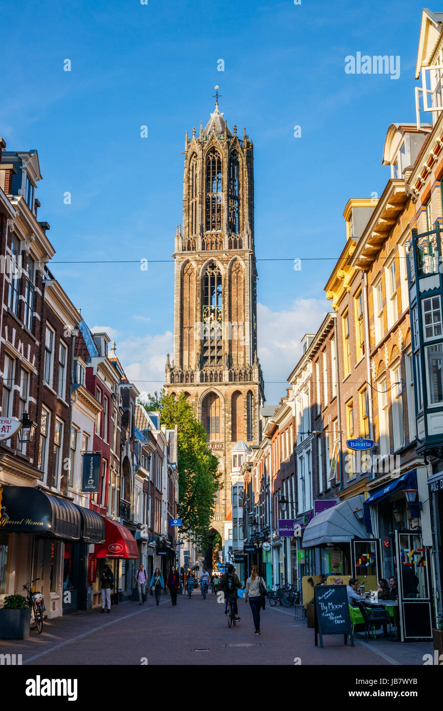 Dom Tower of the St. Martins Cathedral viewed from the Zadelstraat (Saddle Street). Utrecht, The Netherlands. Stock Photo
