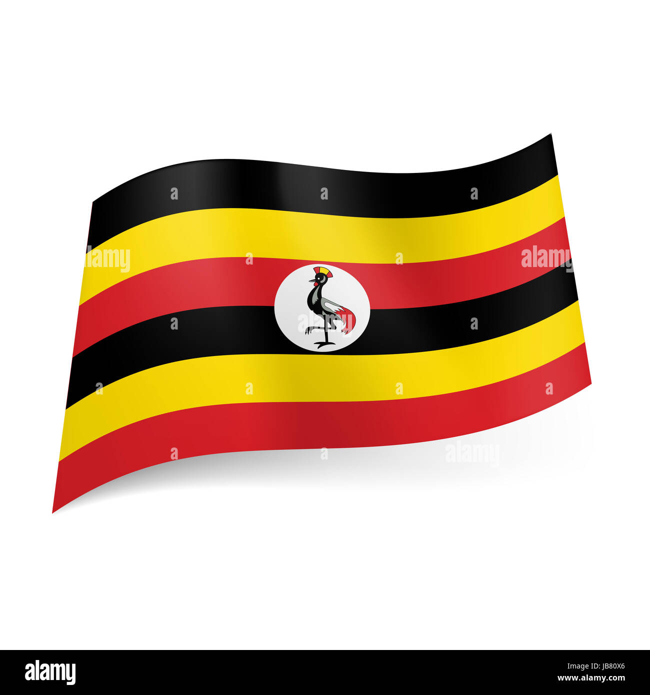 National flag of Uganda: alternation of black, yellow and red horizontal stripes with crane bird in centre Stock Photo