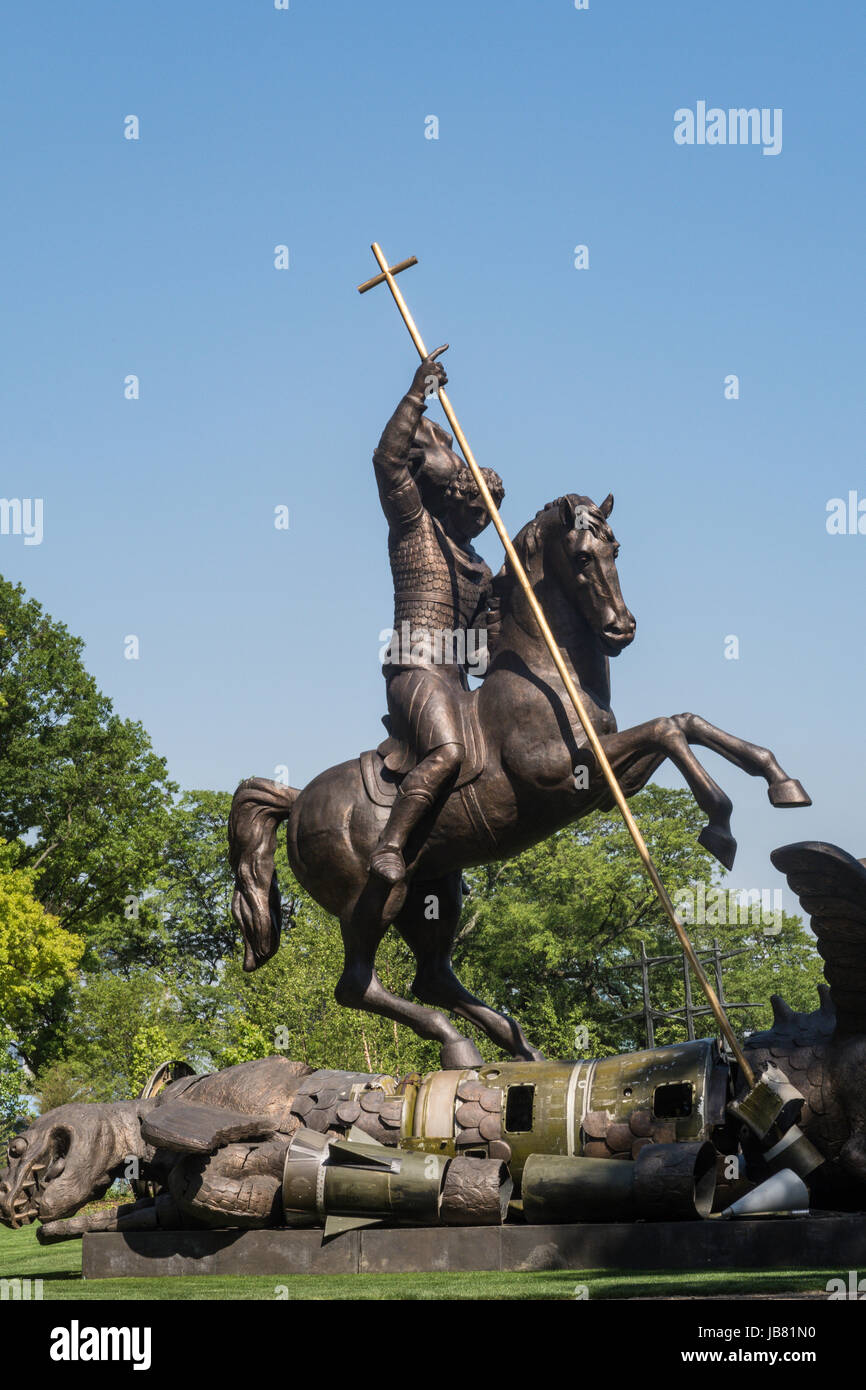 St. Slaying Dragon Statue, United Nations, NYC, USA Stock Photo