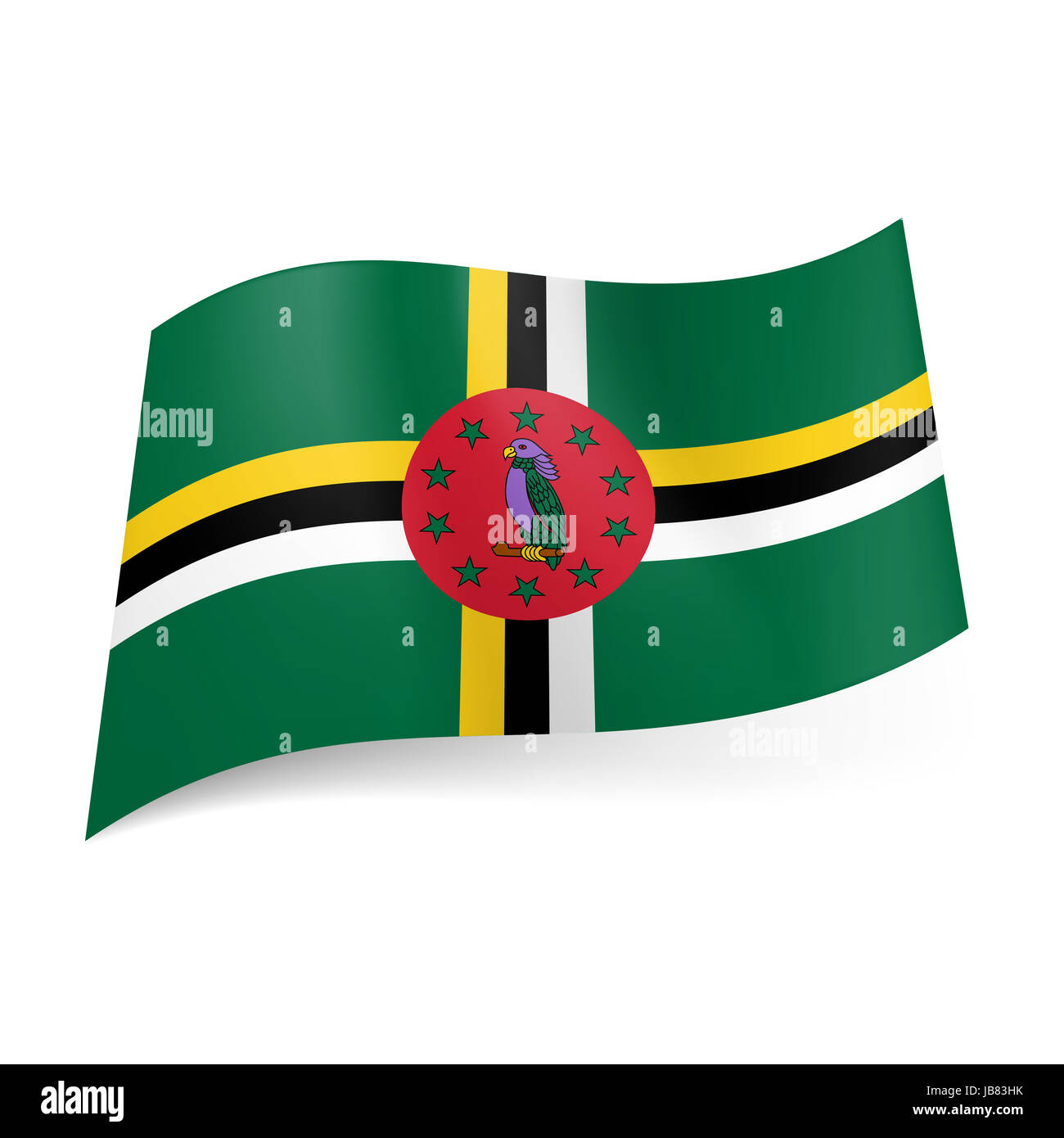 Duftende fordrejer Zoom ind National flag of Dominica: cross of tricolor bands of yellow, white and  black with red circle and parrot with stars in its centre Stock Photo -  Alamy