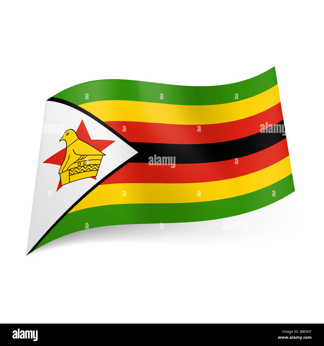 National flag of Zimbabwe: narrow green, yellow, and black stripes, white triangle with yellow bird and red star on left side Stock Photo - Alamy