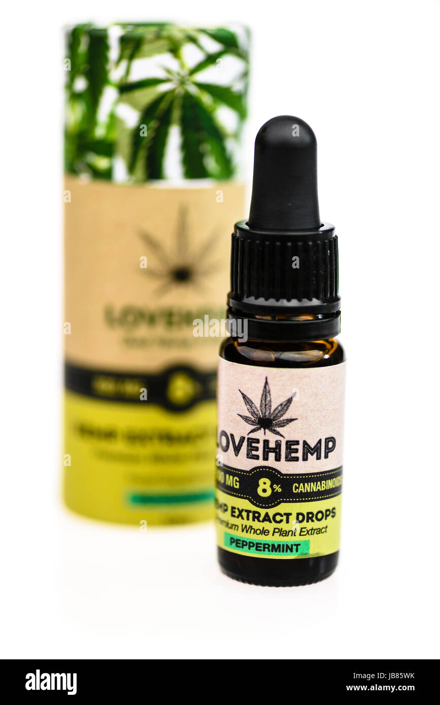 Hemp extract oil drops, high in Cannabinoids.  It is often used to relieve pain caused by multiple sclerosis, rheumatoid arthritis, fibromyalgia etc. Stock Photo