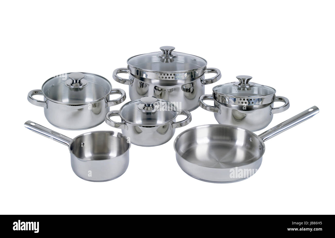 Set of stainless steel pots and pans Stock Photo Alamy