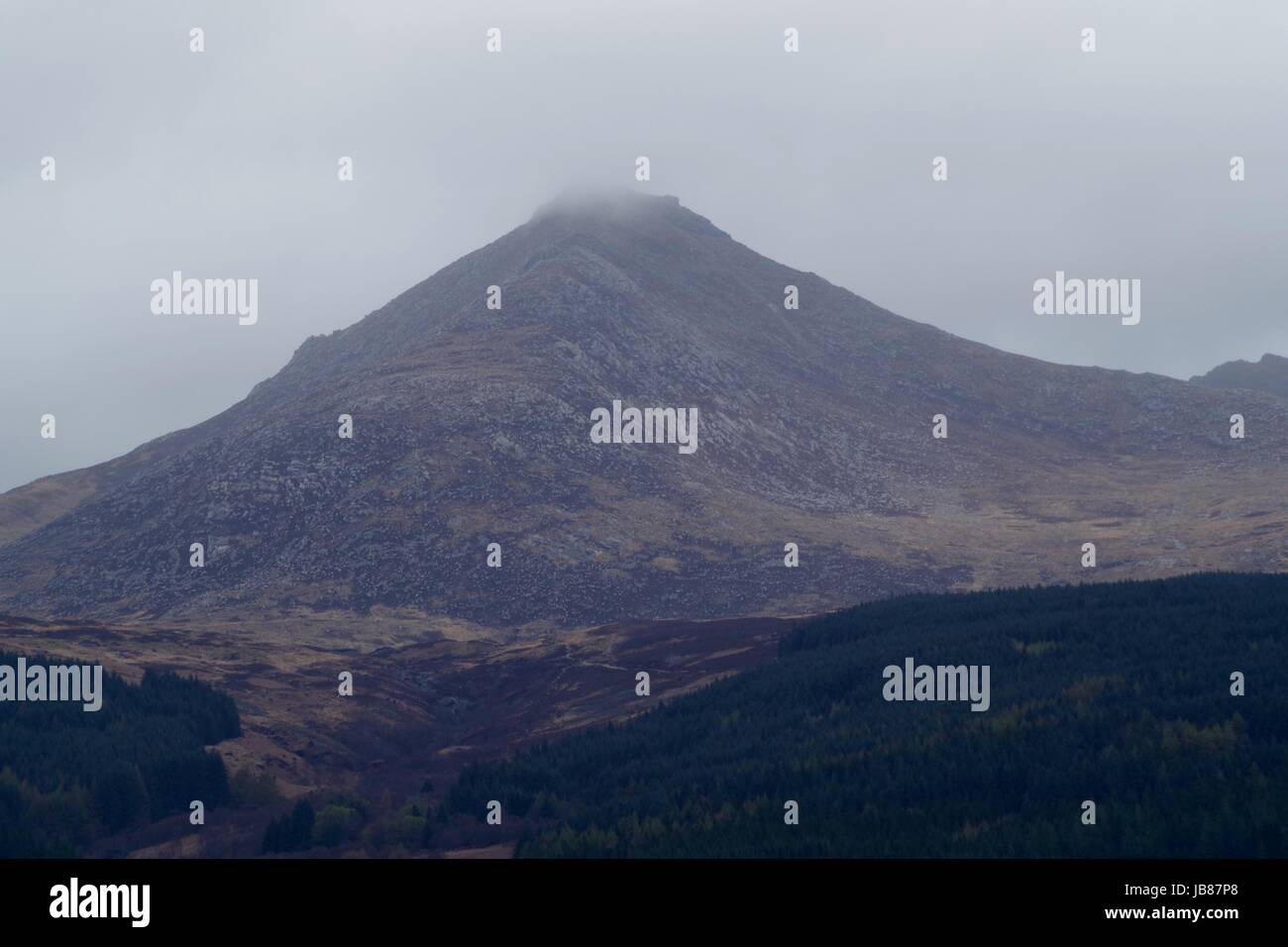 Cloudy Goatfell Mountain in Moody Dramatic Scottish Landscape. Isle of