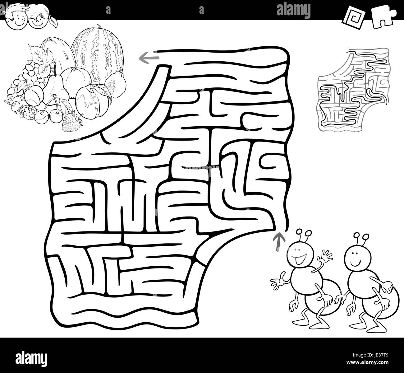 Cartoon Illustration of Education Maze or Labyrinth Game for Children with Ants and Fruits Coloring Page Stock Vector