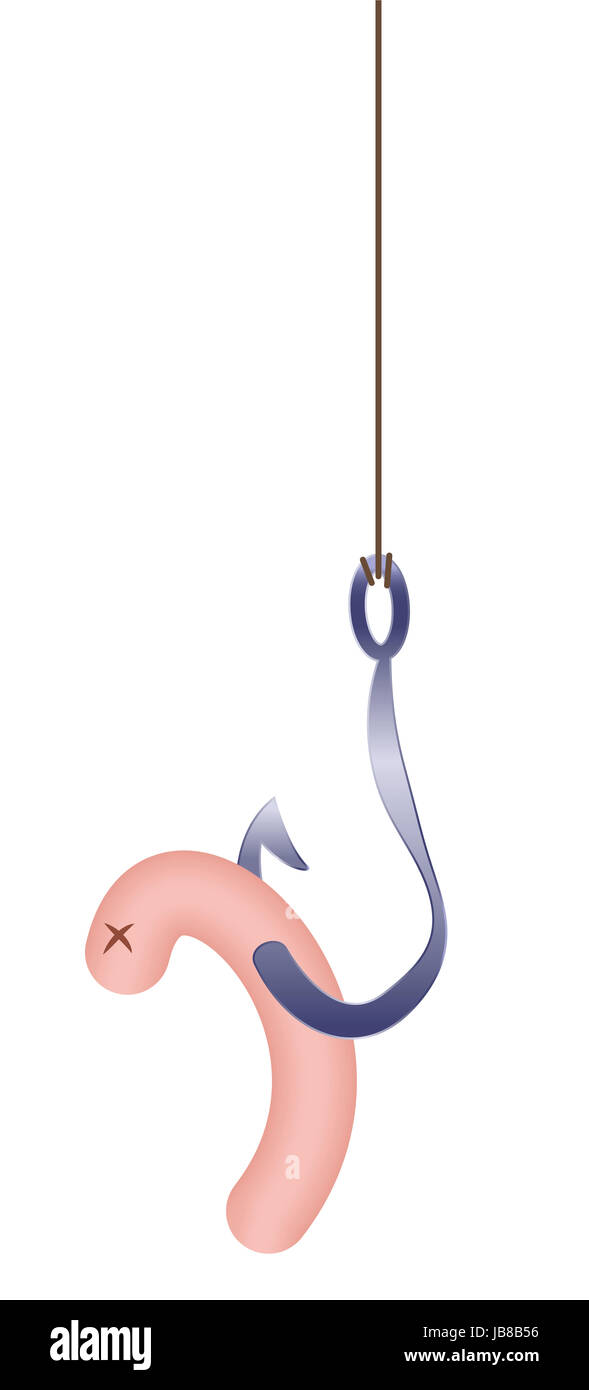 Baited hook - sacrificed dead worm hanging on a fish hook. Comic  illustration on white background. Stock Photo