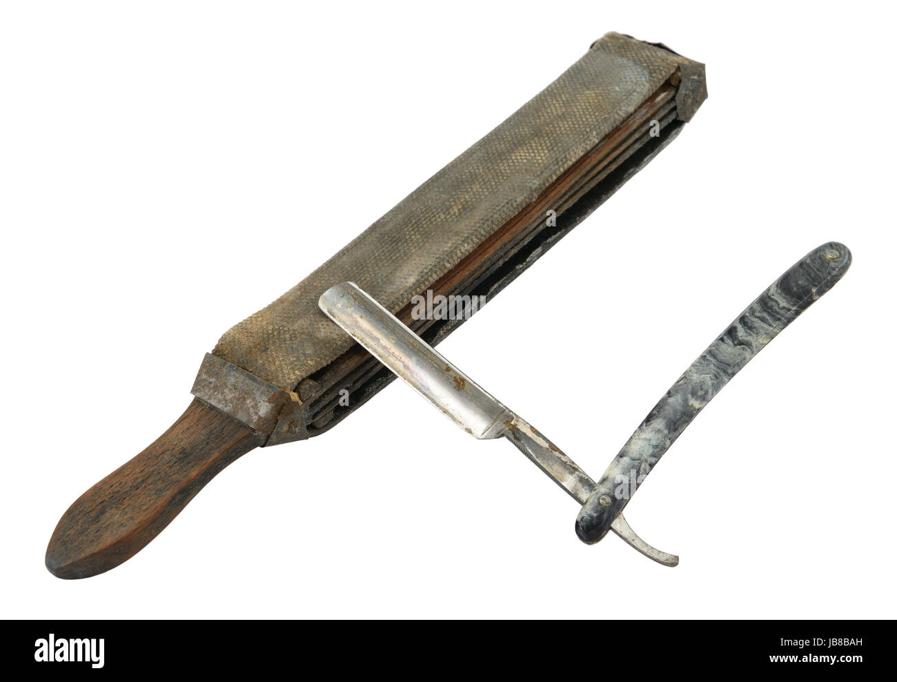 Old (rusty) straight razor with strop isolated on white Stock Photo Alamy