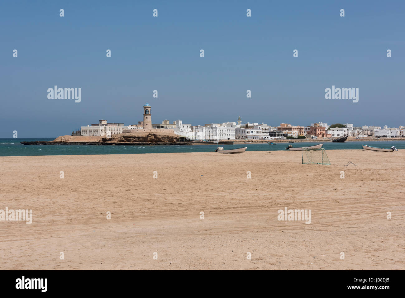 Al Ayjah lighthouse was built by the Portuguese to guide the boats and dhows to safe harbor to the lagoon, It  had been renovated, Sur, Oman Stock Photo