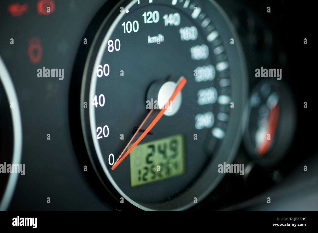 Speed indicator in a car standing in a traffic jam Stock Photo
