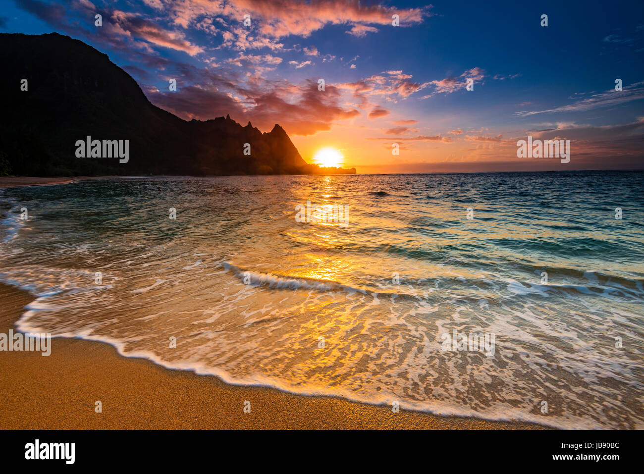 Sunset over the Na Pali Coast from Tunnels Beach, Haena State Park