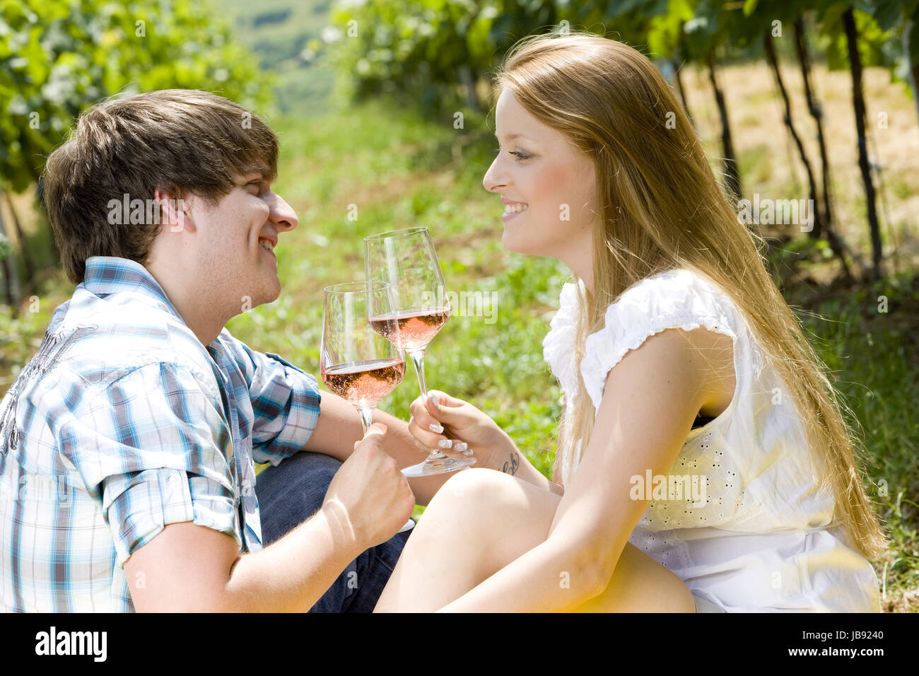 couple at a picnic in vineyard Stock Photo