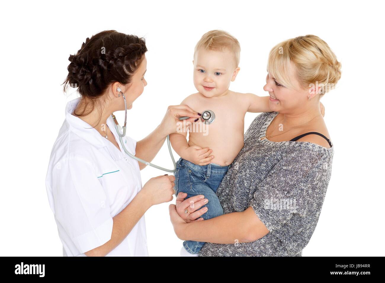 The female doctor with a stethoscope and young mother with little son ...
