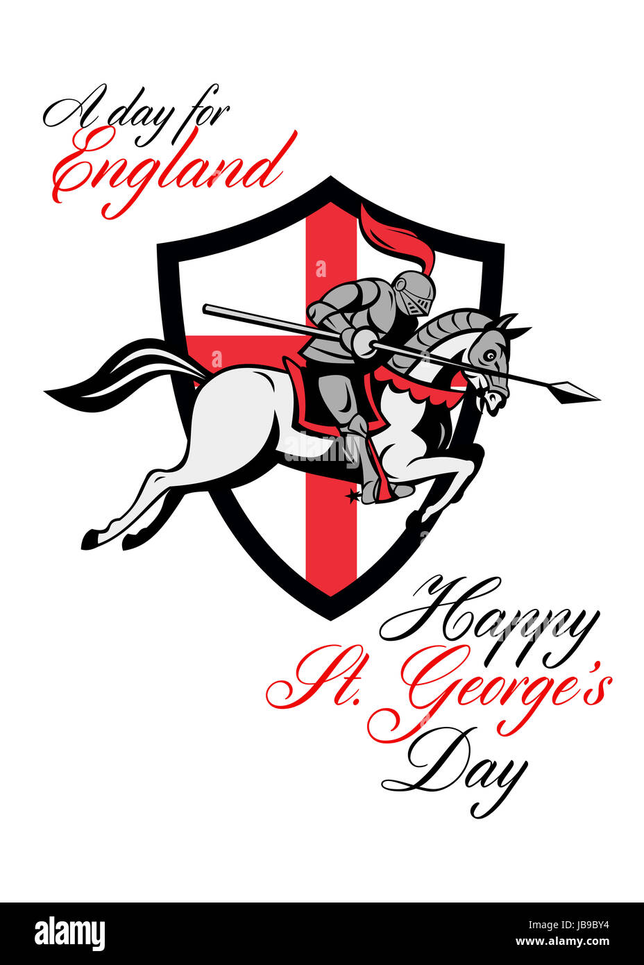 Poster greeting card Illustration of knight in full armor riding a horse armed with lance with England English flag in background done in retro style with words A Day For England Happy St. George's Day. Stock Photo