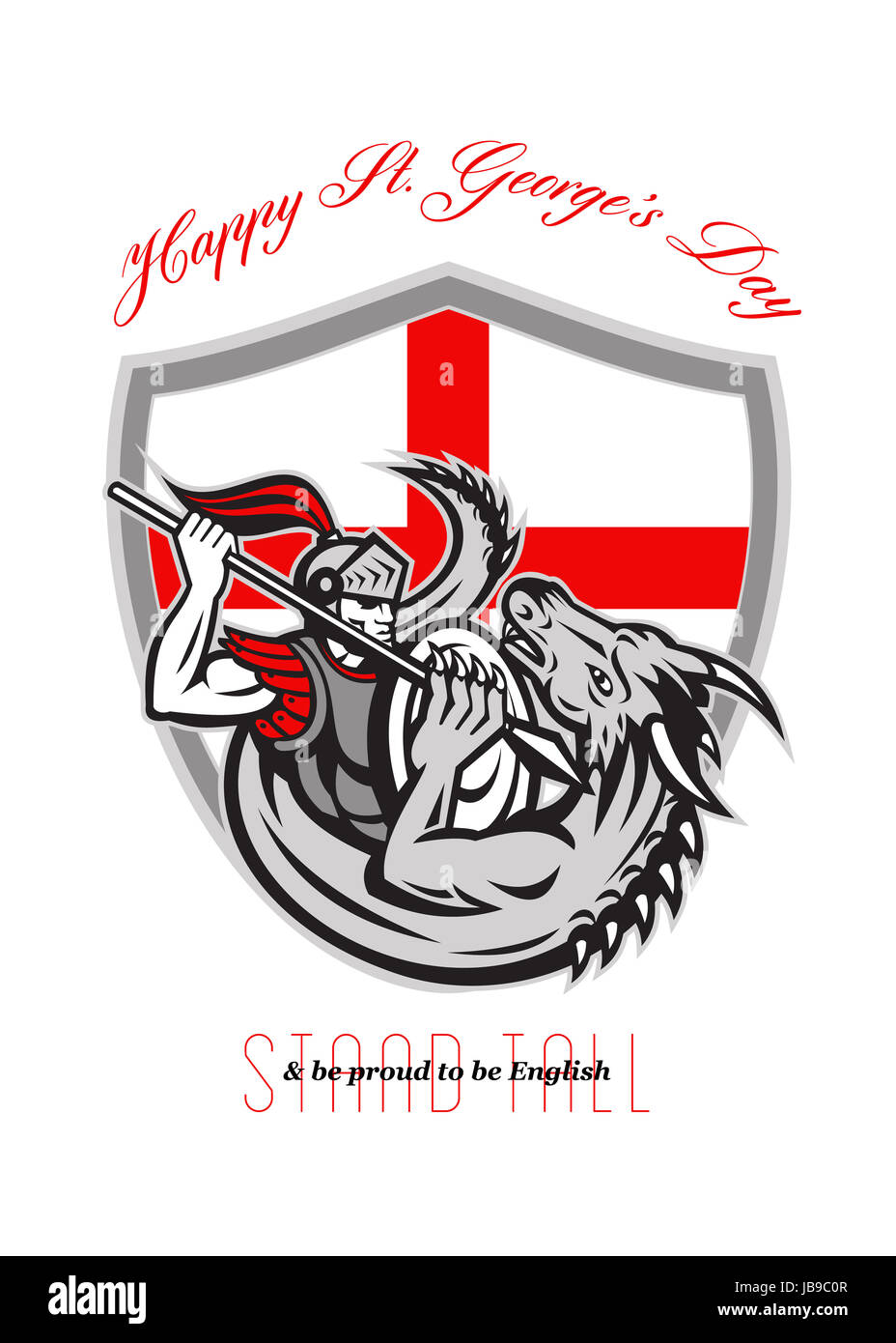 Poster greeting card Illustration of knight in full armor fighting a dragon with England English flag in background done in retro style with words Happy St. George's Day Stand Tall and Proud to be English. Stock Photo