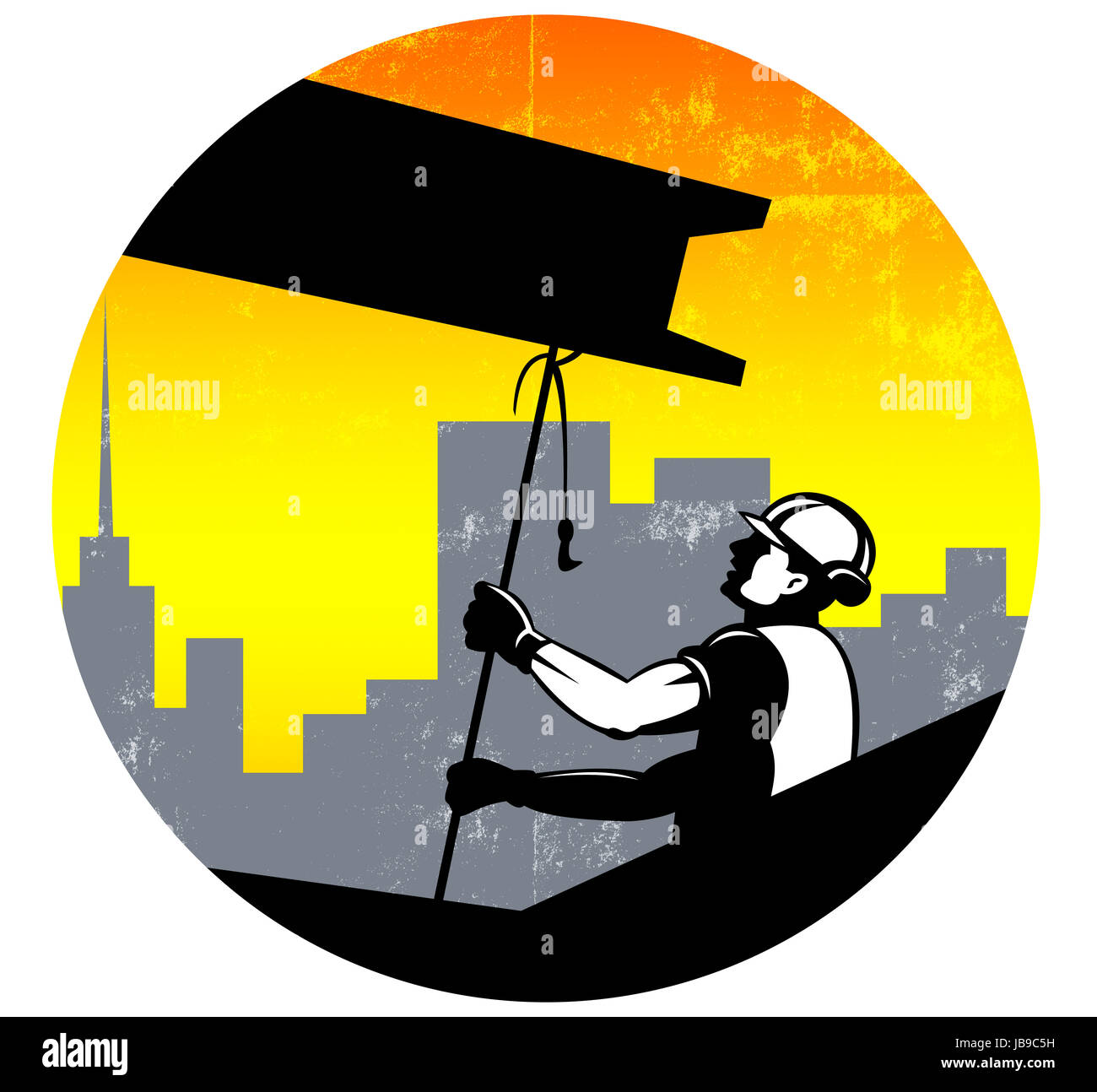 Illustration of construction worker pulling i-beam girder with hook done in retro style. Stock Photo