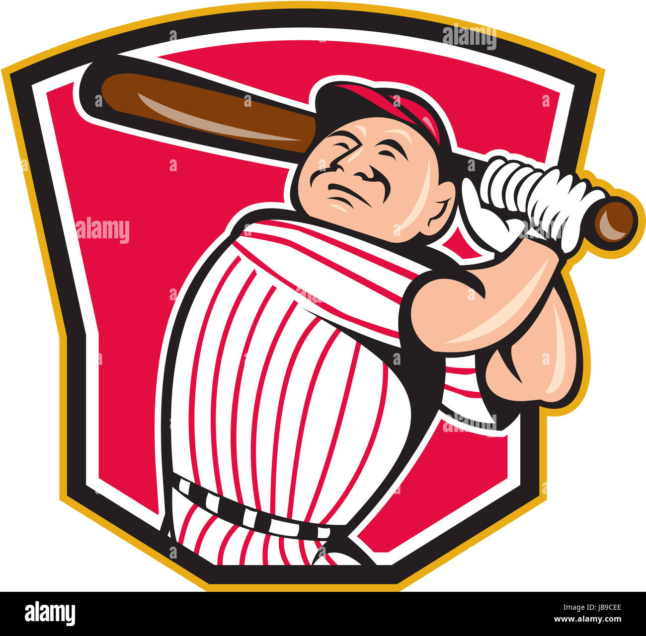 Illustration of a american baseball player batter hitter batting with bat inside crest shield shape done in cartoon style isolated on white background. Stock Photo