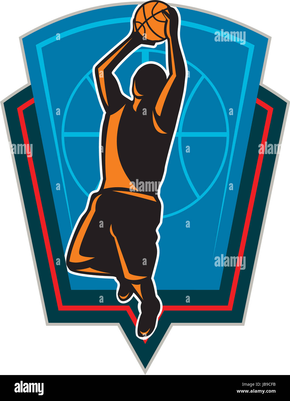 Illustration of a basketball player dunking rebounding ball set inside shield crest done in retro style on isolated background. Stock Photo