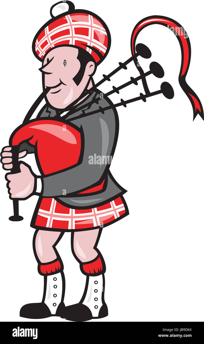 Illustration of a scotsman bagpiper playing bagpipes viewed from side