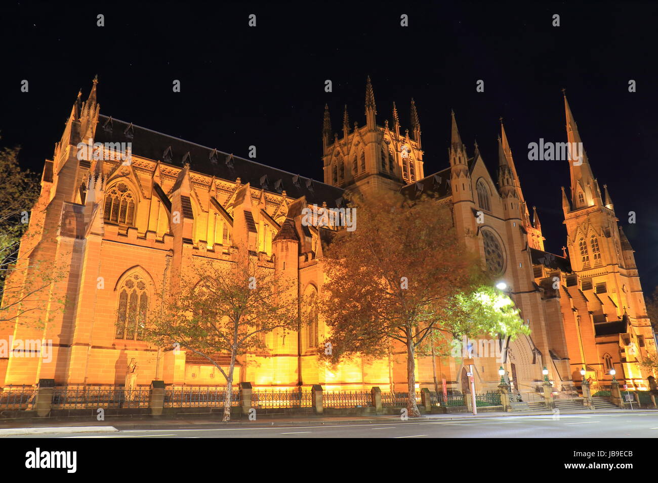 Historical architecture St Marys cathedral night cityscape Sydney Australia Stock Photo