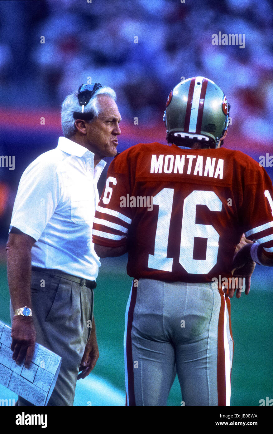 Joe Montana San Francisco 49ers quarterback with head coach Bill Walsh at the 1989 Super Bowl Stock Photo