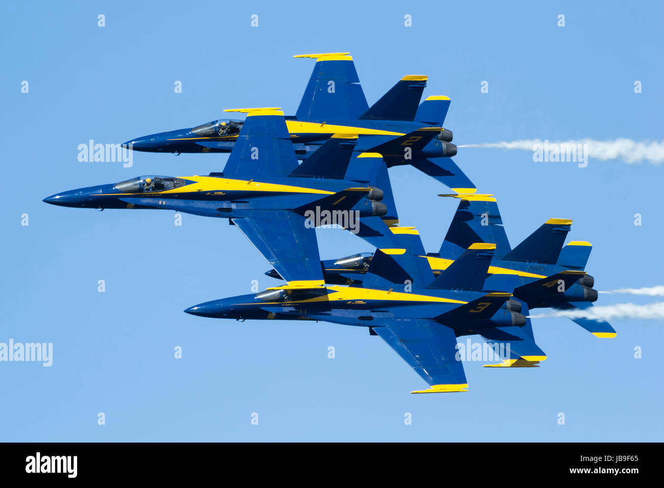 The Blue Angels in diamond formation pass overhead during 2016 San Francisco Fleet Week activities. The U.S. Navy Blue Angel's fly the Boeing built F/ Stock Photo