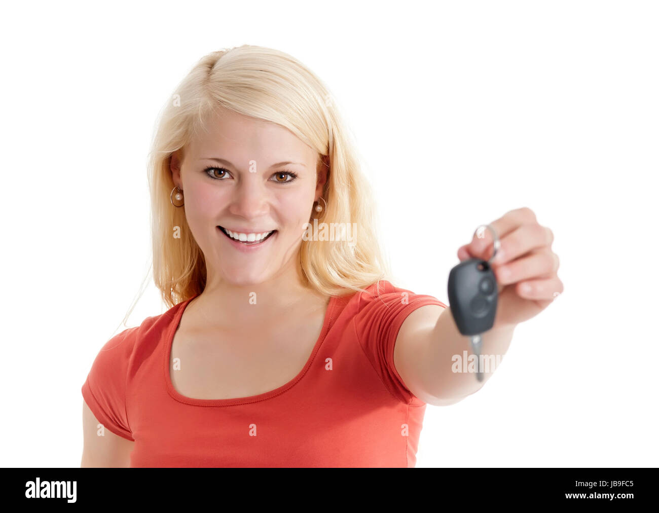glückliche Frau zeigt Autoschlüssel Stock Photo
