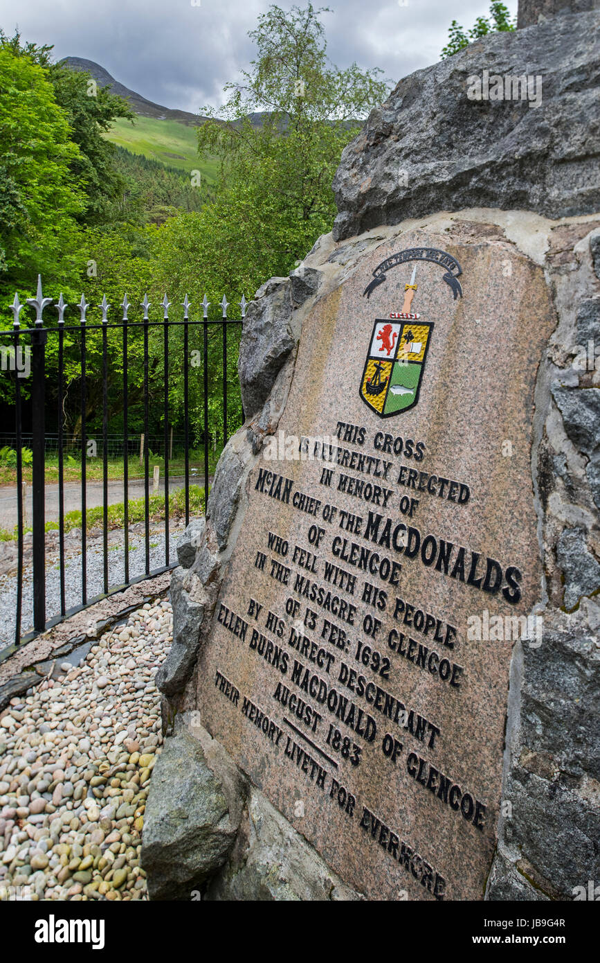 Monument commemorating the Massacre of the Clan MacDonald of Glencoe in 1692, Glen Coe, Lochaber, Scottish Highlands, Scotland, UK Stock Photo