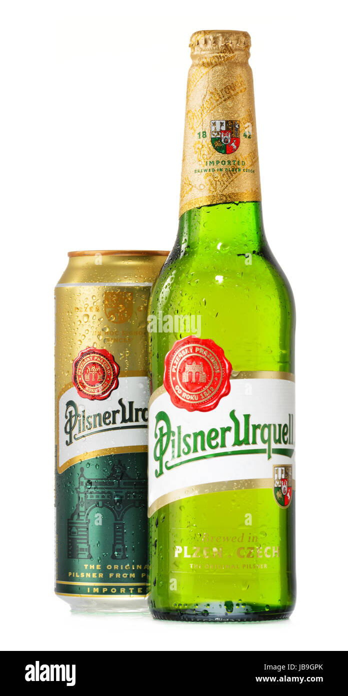 Plzensky Prazdroj, the first pilsner beer in the world, known better by its German name Pilsner Urquell  is a prominent brand of the global brewing company SABMiller Stock Photo