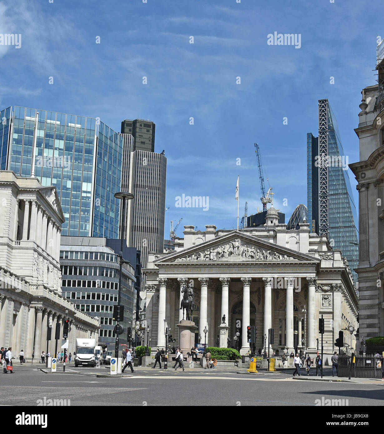 London, U.K. - May 22, 2017 - Bright Spring Morning at the Royal Exchange with the Skyscapers of the Financial District in The City of London in the b Stock Photo
