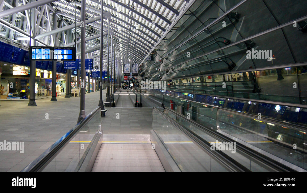 Leipzig Halle Flughafen Airport Terminal Building, empty walkway. Stock Photo