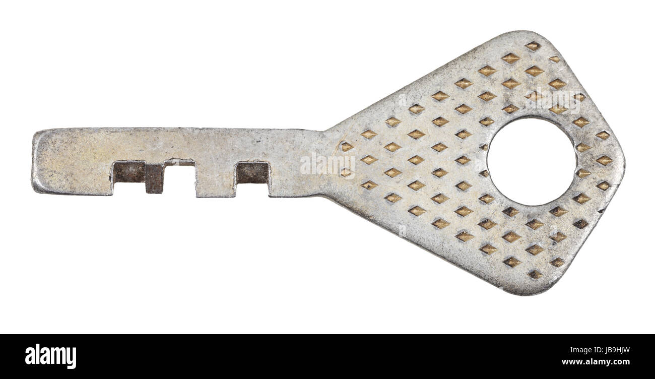 one steel door key for disc tumbler lock isolated on white background