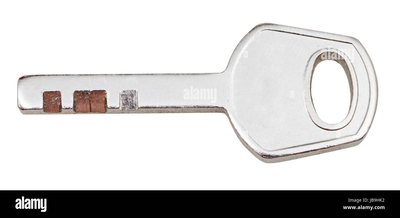 little steel door key for disc tumbler lock isolated on white