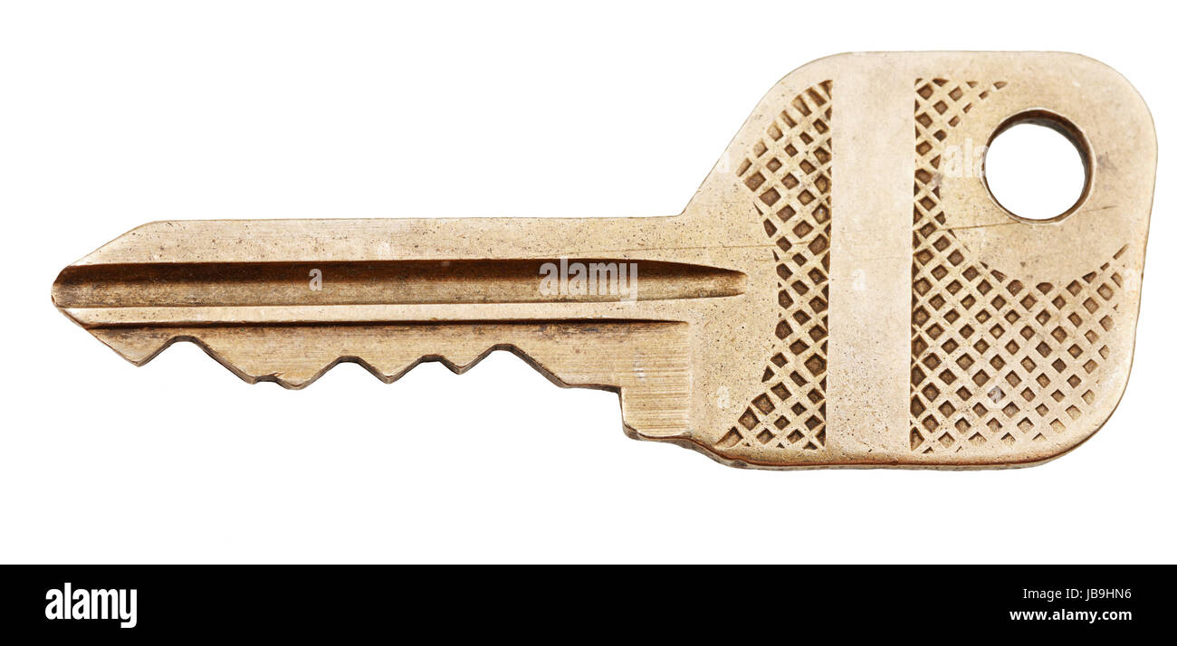 brass door key for wafer tumbler lock isolated on white background