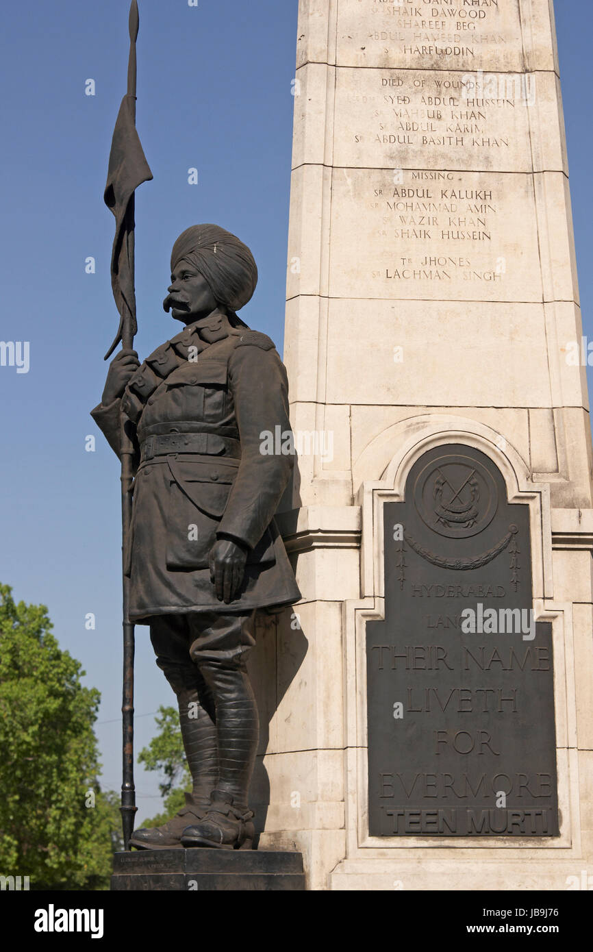 Military memorial to the Hyderabad Lancers on a roundabout (Teen Murti) in New Delhi, India Stock Photo
