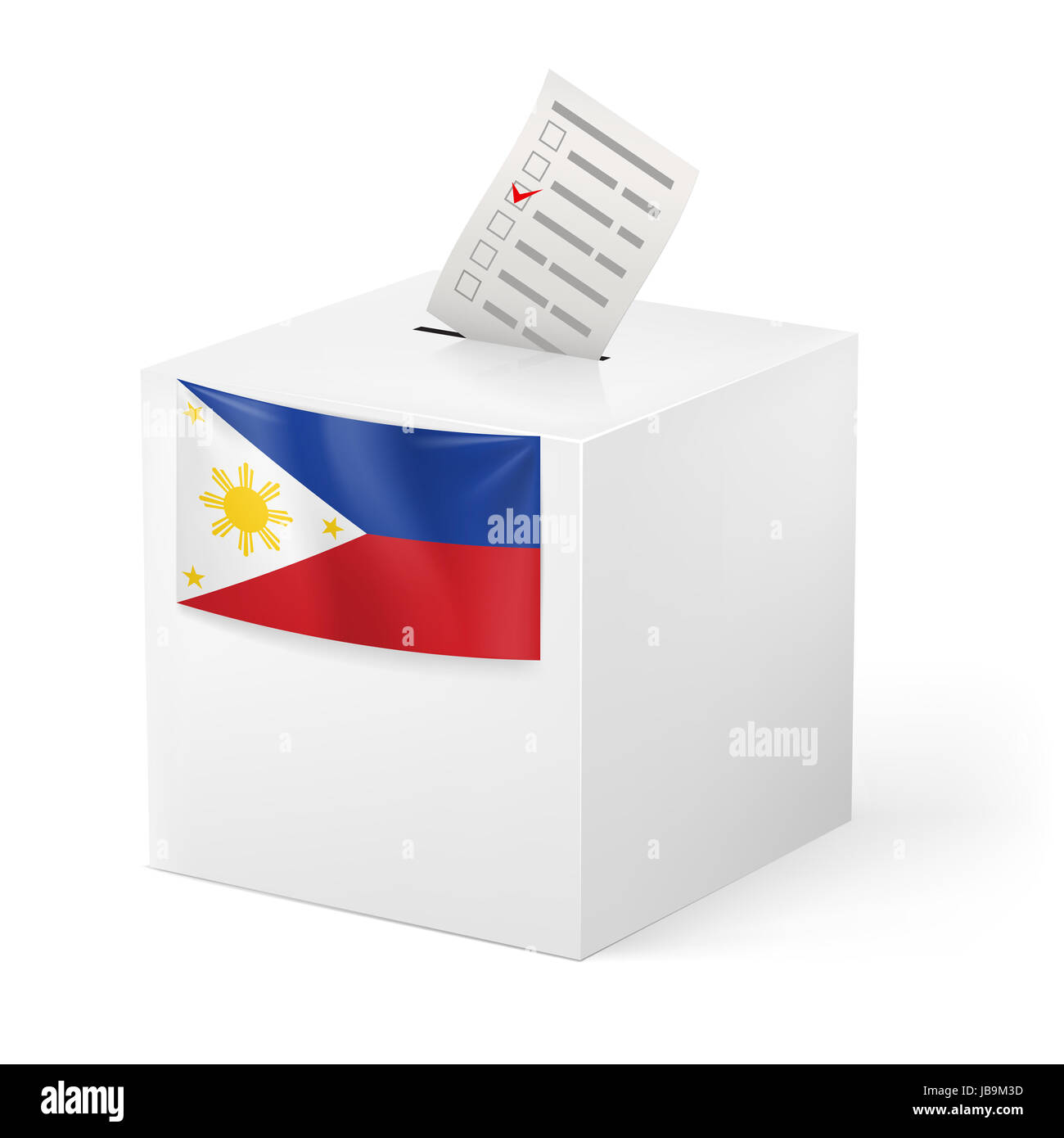 Election in Philippines ballot box with voting paper on white