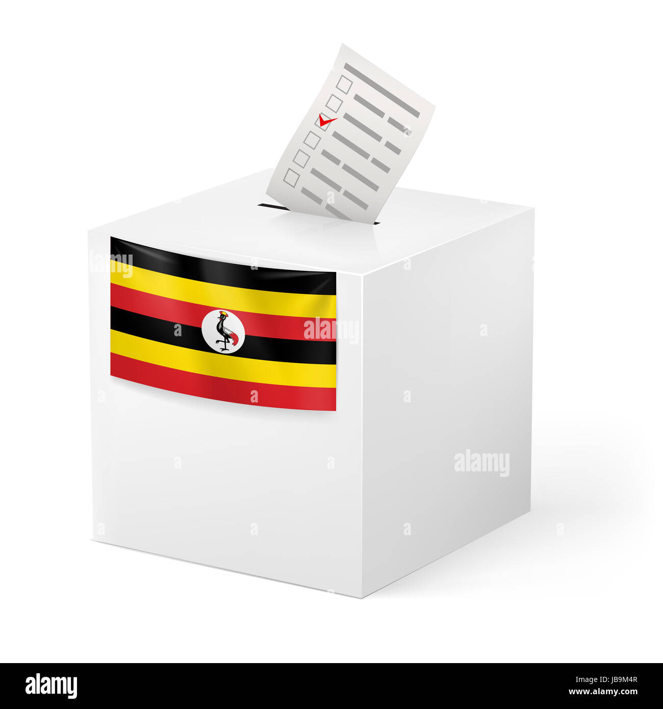 Election in Uganda: ballot box with voting paper isolated on white background Stock Photo